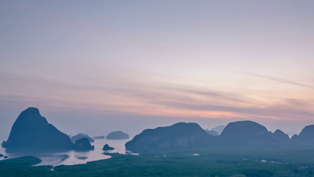 时间圈的日出时间在晚上到白天的景观，在多云的天空下的海湾山的视角位于泰国南部的攀雅省视频素材