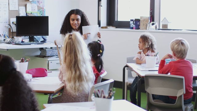 面带微笑的女幼儿教师坐在教室前面与学校的孩子们交谈，正面观看视频素材