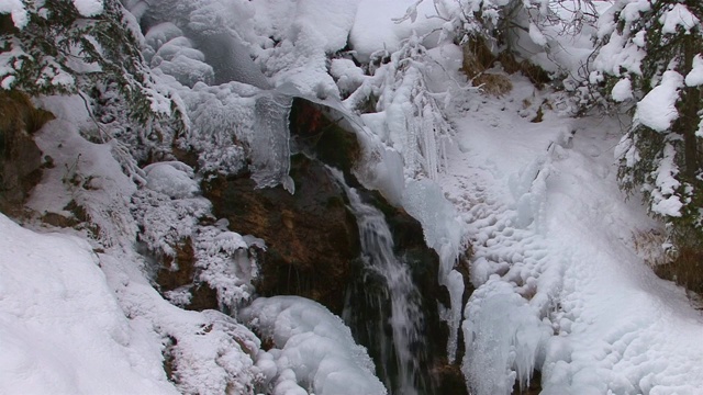 冬天的景观是小河面被冰雪覆盖视频素材