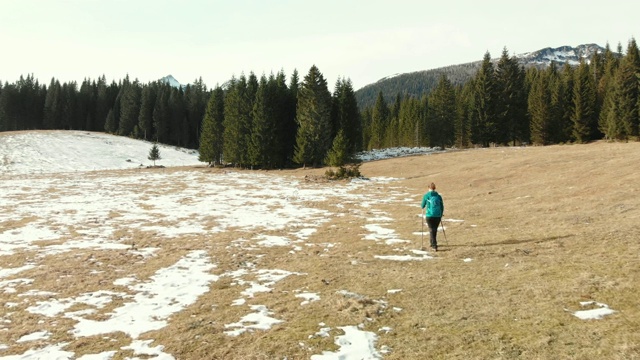 在山里徒步旅行的爱冒险的妇女视频素材