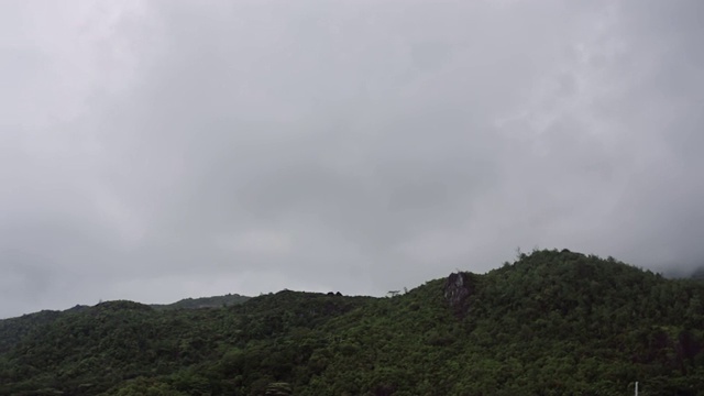 多云天气下全山绿意盎然，山顶隐没在云下。视频下载