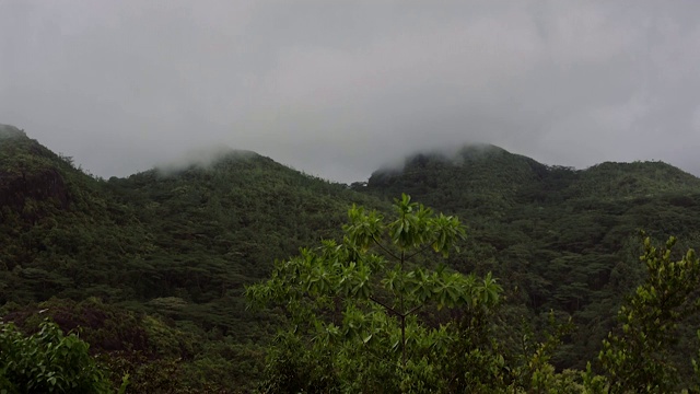 岛上的青山在阴雨绵绵的天气里，山顶上隐藏着白云。视频下载