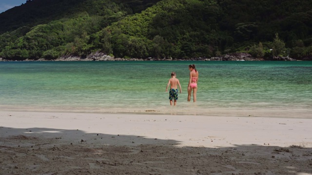 在一个阳光明媚的夏日，年轻的母亲和儿子走进清澈碧绿的泻湖水里游泳。视频下载