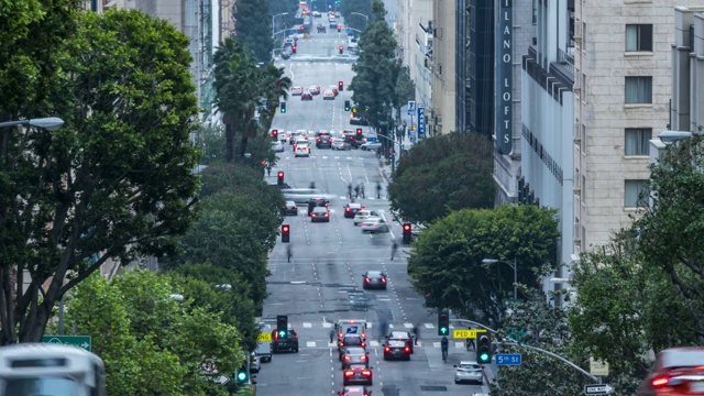 交通的时间流逝，在格兰德大道，市中心金融区，洛杉矶，美国，美国，北美视频素材