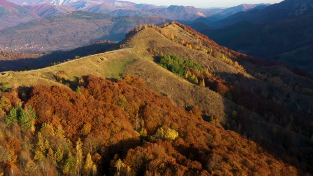 一架无人机拍摄了罗马尼亚特兰西瓦尼亚的秋季乡村山景，有木屋、茅草屋顶和土路视频素材