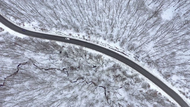 汽车行驶在冰雪覆盖的森林里的冬季乡村道路上，无人机拍摄4k航拍画面视频素材