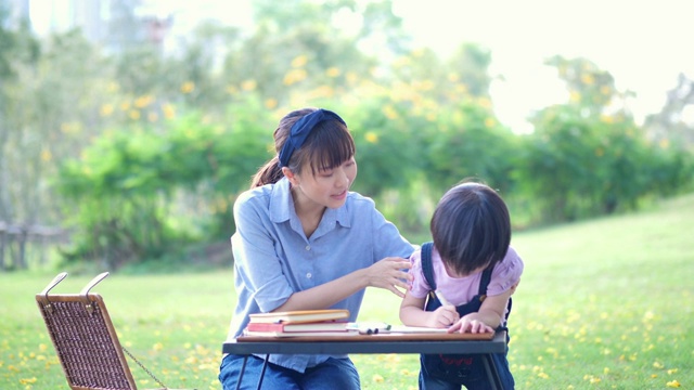 亚洲家庭与母亲和女儿写在笔记本上。快乐享受在自然或公园和阳光下的乐趣。慢动作视频素材