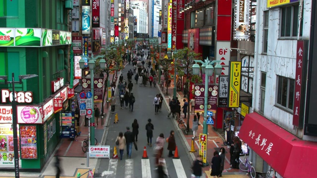 这是日本东京新宿区的一条繁忙街道，展示了繁忙的车流和行人视频素材