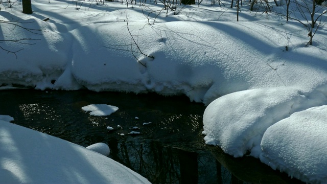 不结冰的小溪，春天融化的水流过冰雪覆盖的海岸视频素材