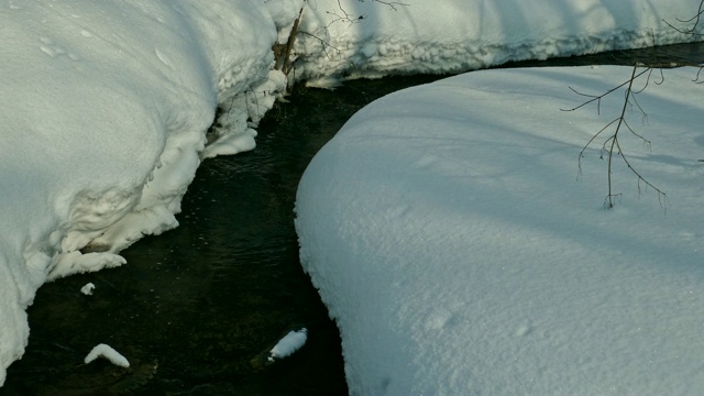 不结冰的小溪，春天融化的水流过冰雪覆盖的海岸视频素材