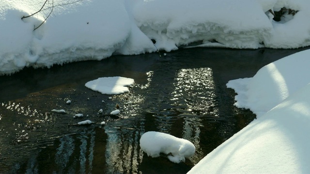 不结冰的小溪，春天融化的水流过冰雪覆盖的海岸视频素材