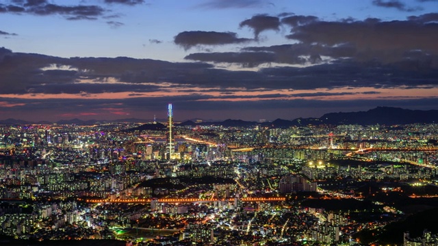 日落和夜景的乐天世界大厦(韩国最高的建筑)和首尔的城市景观，韩国视频素材