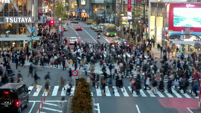 日本东京市中心繁忙街道的一段时间，显示了晚上繁忙的交通和移动的行人视频素材