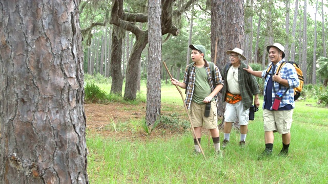 西班牙男孩，父亲和祖父在公园徒步旅行视频素材