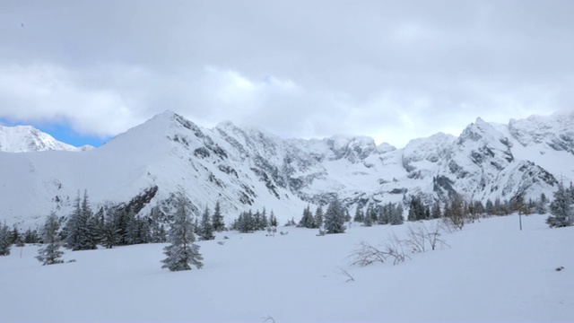 在波兰的Zakopane徒步旅行期间，山峰完全被新雪覆盖视频素材