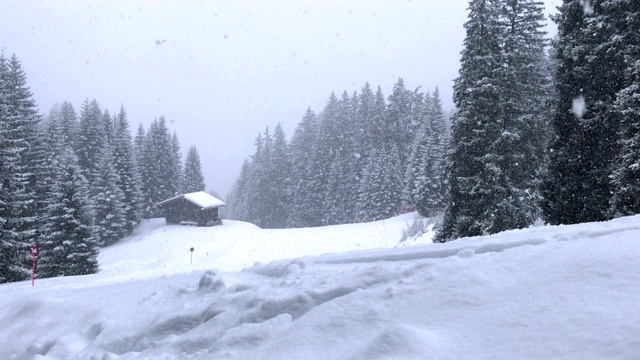 大雪在山上以森林和传统的木屋为背景视频下载