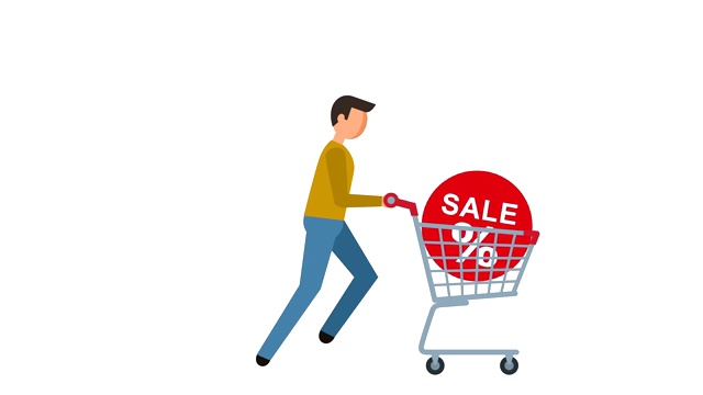 Stick Figure象形图Man Run with Shopping Cart Sale Character Flat Animation视频素材