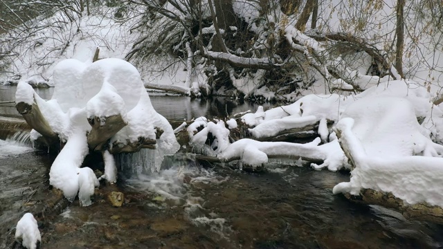 小河流过被厚厚的积雪覆盖的原木视频素材