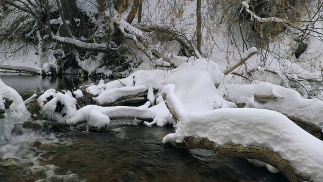 用淘金盘在河上铲下了堆积在木头上的雪视频素材