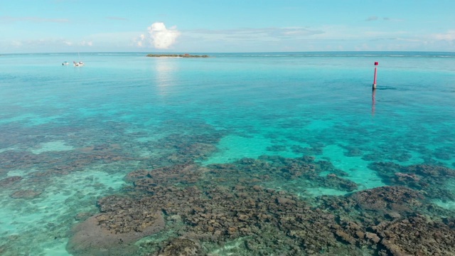 空中向前:浅而充满活力的蓝色海洋通向地平线。在法属波利尼西亚的莫雷亚视频素材