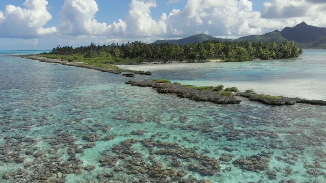 空中向前:位于法属波利尼西亚瓦罕的棕榈树岛周围的热带海洋视频素材