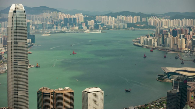 日光香港城市景观著名的维多利亚港空中全景，4k时间推移视频素材