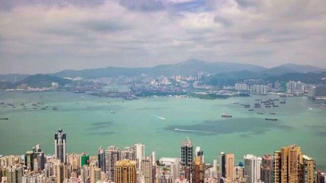 香港城市天光著名的交通海港维多利亚港山顶全景4k时间推移视频素材