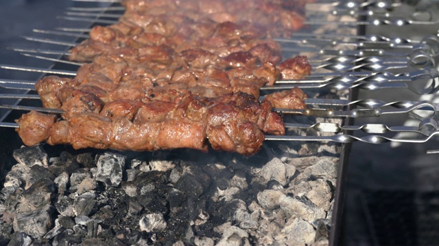 烤开胃猪肉烧烤烹饪木炭烤架与烟视频素材