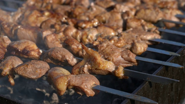 烤开胃的猪肉羊肉串在木炭烤架上用烟烹饪视频素材