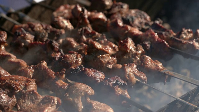 开胃多汁的猪肉烧烤烹饪金属串在木炭户外烧烤与火烟视频素材