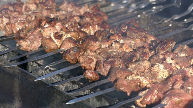 烤开胃的猪肉羊肉串在木炭烤架上用烟烹饪视频素材