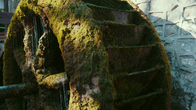 湍急的山涧。一个旧水磨。一个水车的大轮子，上面覆盖着绿色的苔藓。老水磨机制视频素材