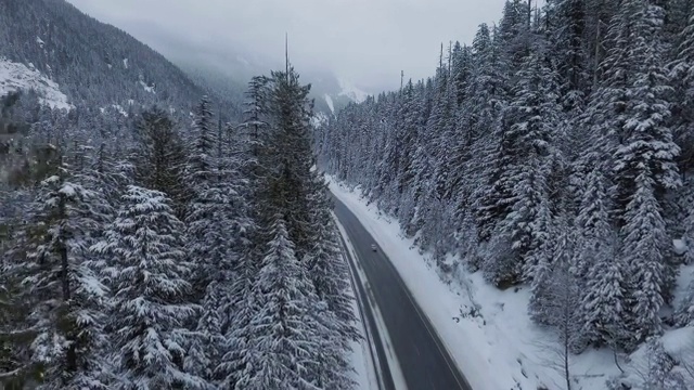 无人机飞行在冬季积雪覆盖的树木附近的道路视频素材