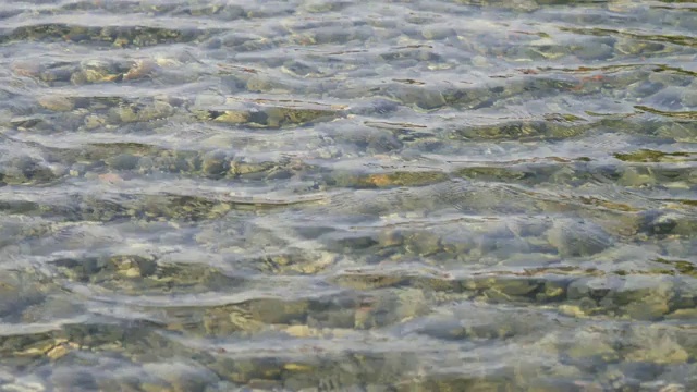 近距离拍摄清澈的河水，在水面上反射着粼粼波光，4k视频，慢镜头。视频素材