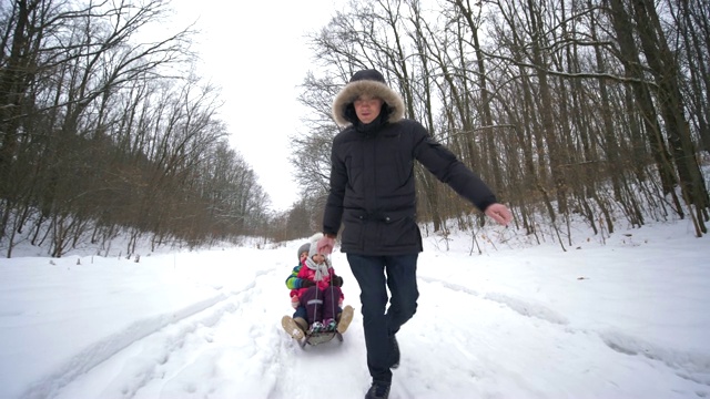 周末，年轻的父母带着快乐的孩子们在白雪覆盖的森林里玩雪橇视频素材