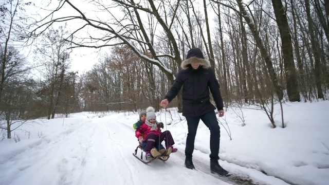 幸福的家庭在雪山森林，爸爸拉着他的儿子和女儿在冬天的雪橇视频素材