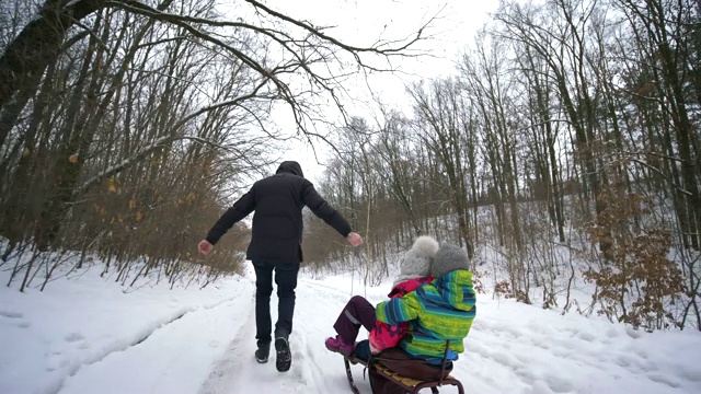 快乐的童年在冬天的时候，父亲和孩子们在雪地里走在雪橇上视频素材