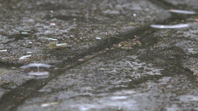 鹅卵石路上有水坑，雨水落在上面。4 k视频素材