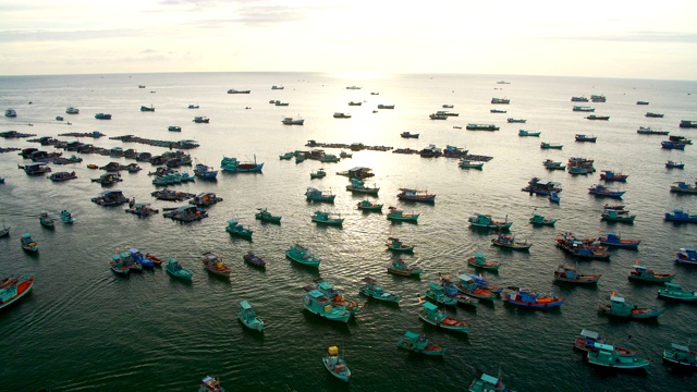 海岸附近的海里有许多渔船视频素材