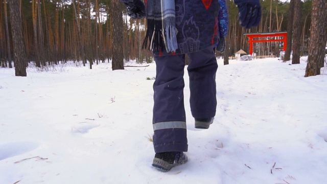 男孩和女孩的脚步在雪地里行进视频素材