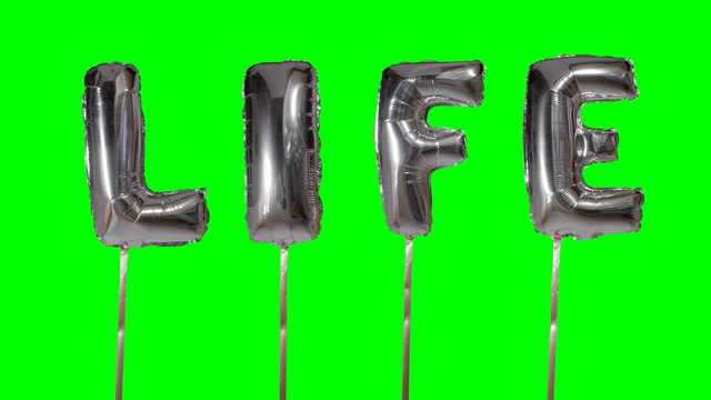 “生命”这个词来自氦气银气球上漂浮在绿色屏幕上的字母视频下载