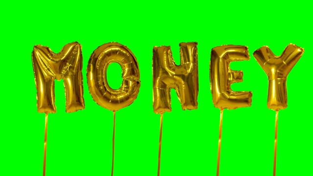 字钱从氦气金色气球字母漂浮在绿色屏幕视频下载