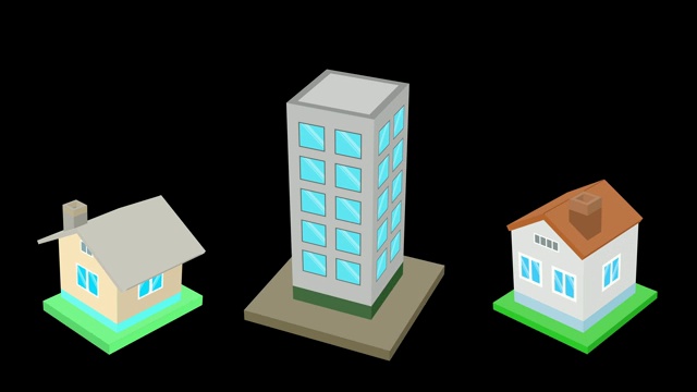 在黑色背景上旋转3D房屋和建筑模型视频素材