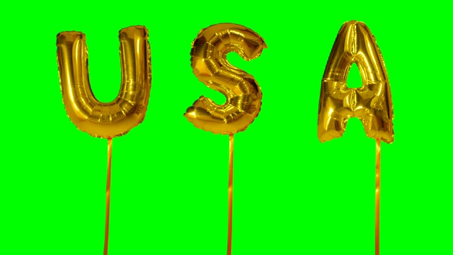 单词美国从氦气金色气球字母漂浮在绿色屏幕上视频下载