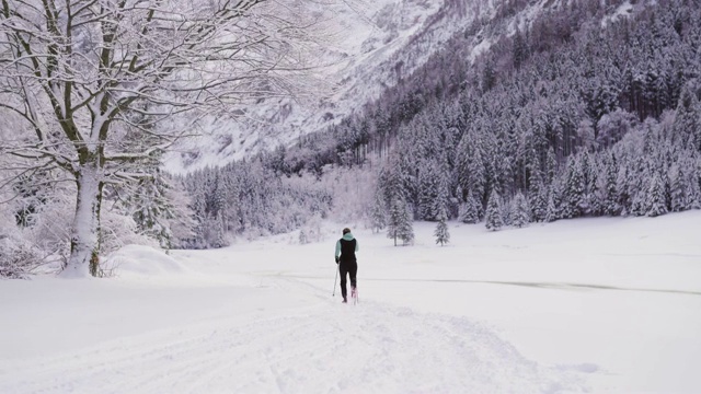 下面是一名年轻女子在被群山包围的雪谷中越野滑雪的镜头视频素材