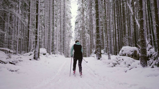 下面是一名年轻女子在被群山包围的雪谷中越野滑雪的镜头视频素材