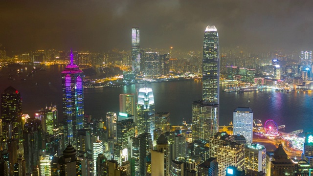 这是中国香港维多利亚港夜间市区交通的超远景图视频素材