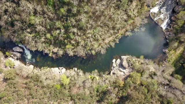 无人机鸟瞰图，河流景观，Vouga河和河岸与典型的葡萄牙植被视频素材