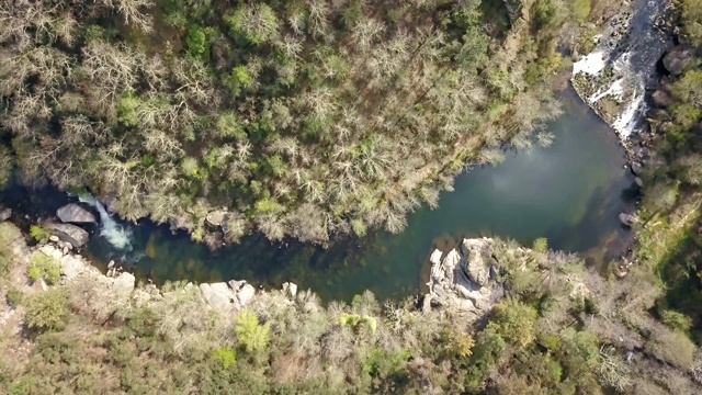 无人机鸟瞰图，河流景观，Vouga河和河岸与典型的葡萄牙植被视频素材