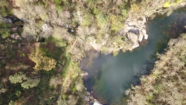 无人机鸟瞰图，河流景观，Vouga河和河岸与典型的葡萄牙植被视频素材